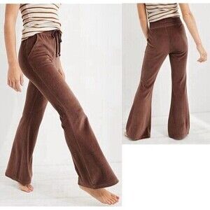 Aerie Sweatpants Womens Size Small Brown Velour Kick-It Flare High Waisted Pants